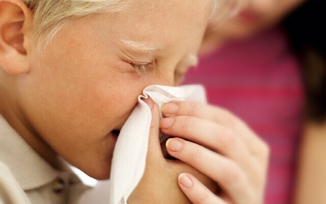 Boy Blowing His Nose into a Handkerchief